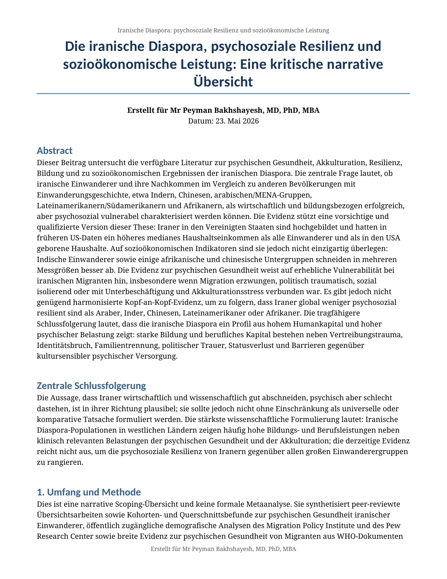 Die iranische Diaspora, psychosoziale Resilienz und sozioökonomische Leistung: Eine kritische narrative Übersicht — صفحهٔ ۱ از ۱۰