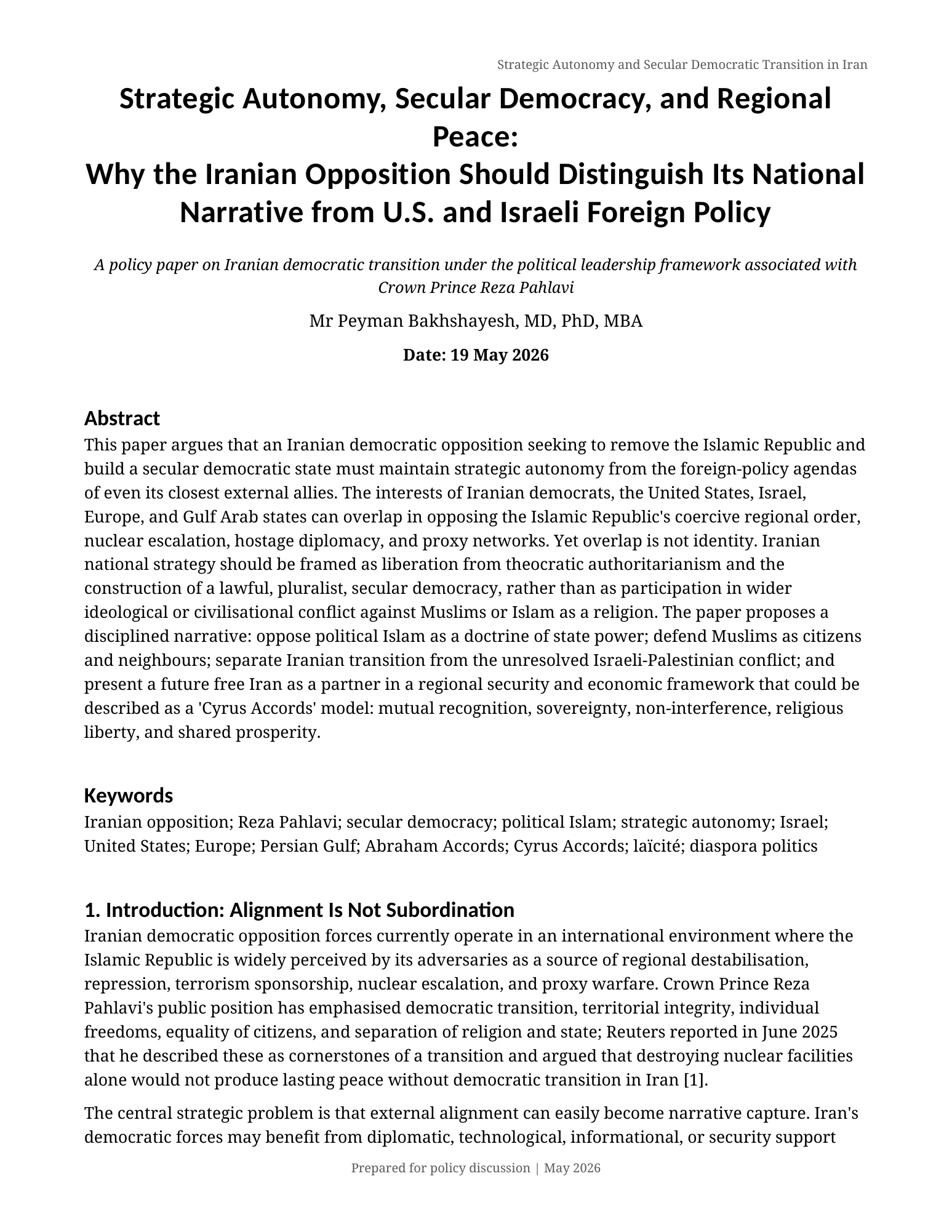 Strategic Autonomy, Secular Democracy, and Regional Peace: Why the Iranian Opposition Should Distinguish Its National Narrative from U.S. and Israeli Foreign Policy — صفحهٔ ۱ از ۸